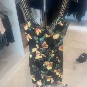 Philipp Plein black floral Bodycon Mini Dress V-neck Sleeveless